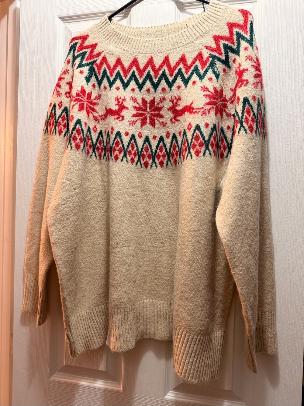Cream Fair Isle Knit Sweater with Red & Green Pattern - womens